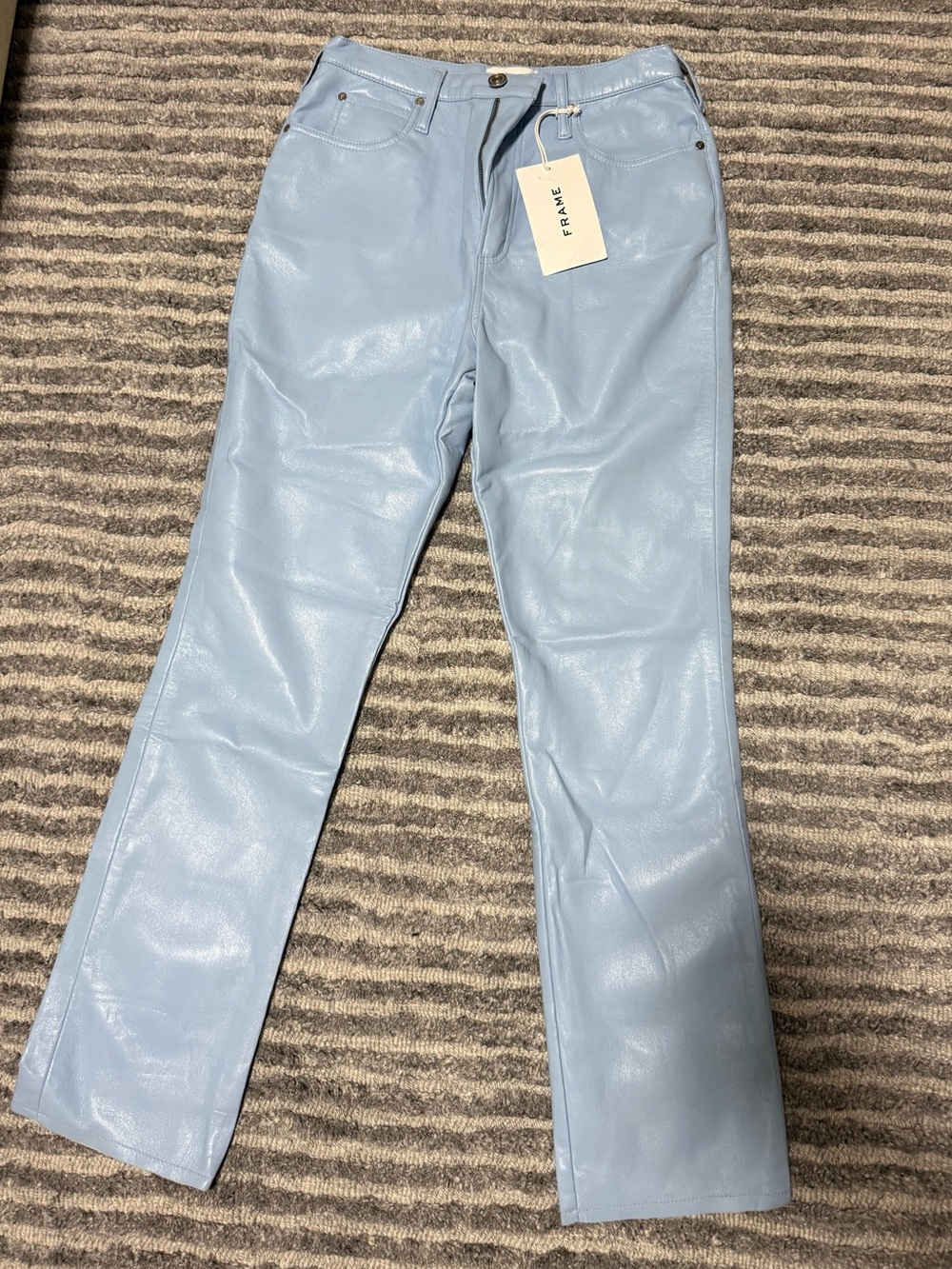 FRAME “High N’ Tight Straight” Light Blue Straight-Leg Leather Pants